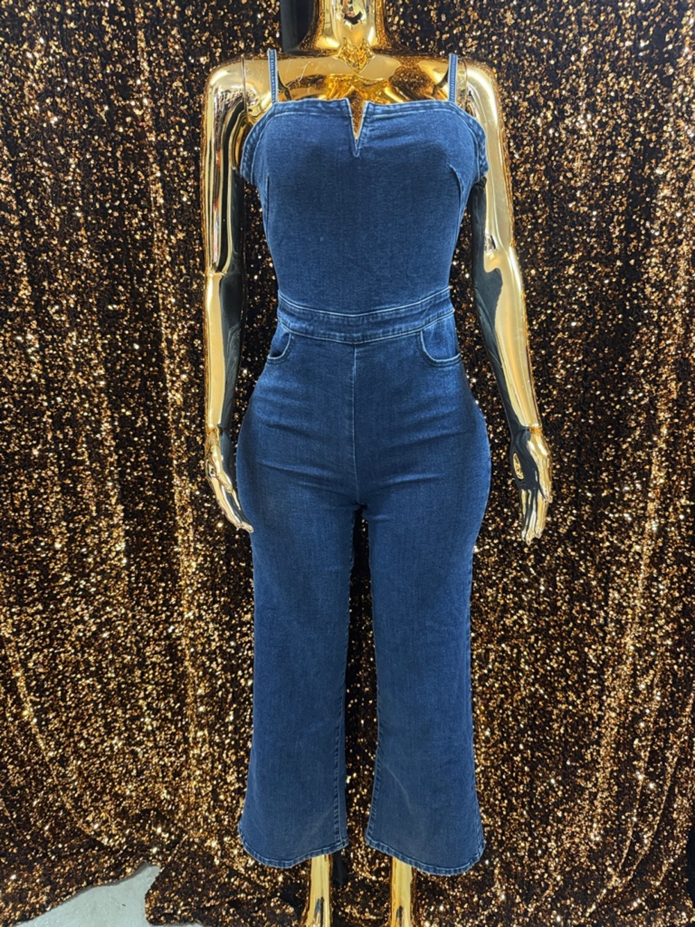 Guess Blue Denim Strapless Bustier Jumpsuit